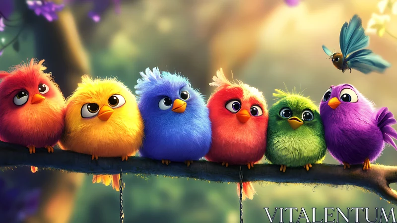 Adorable Cartoon Birds in Vibrant Colors Perched on a Branch.
