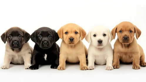Gentle line of colorful puppies sits ready to melt hearts