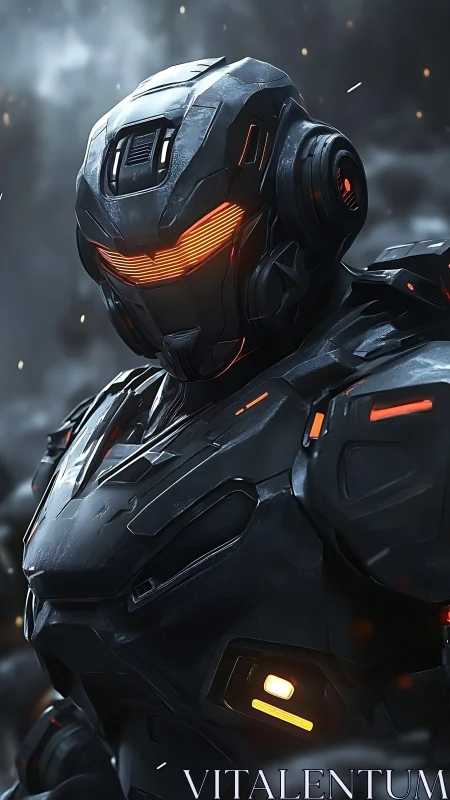 Armored cyber soldier in dark exosuit with orange visor.