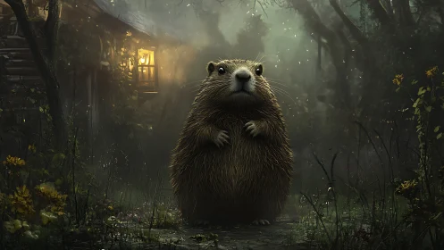 Large rodent stands on forest path near illuminated cabin