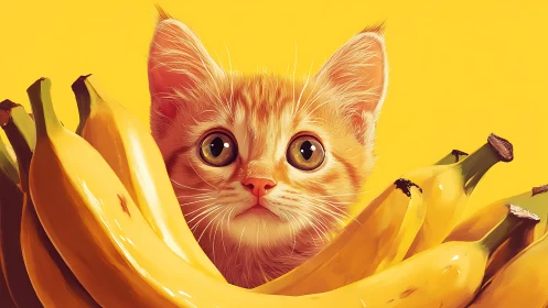 Feline Subject Nestled Among Bananas Against Saturated Yellow Field
