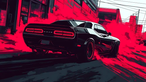 High-contrast muscle car drift with red smoke in urban alley