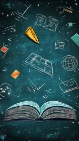 Open illustrated book with floating geometric study icons.