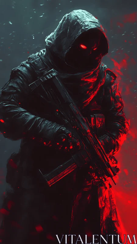 Hooded cyber assassin with glowing eyes in red storm.