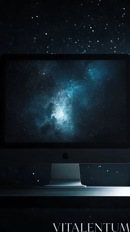Desktop monitor displays deep-space nebula in dark studio.
