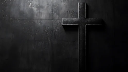 Black crucifix casts stark shadow on textured dark wall