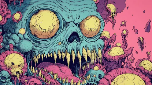 Mutant skull monster amid toxic fungal wasteland.