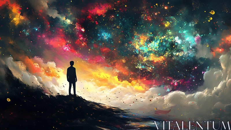 Silhouette observing multicolored cosmic sky over clouds.