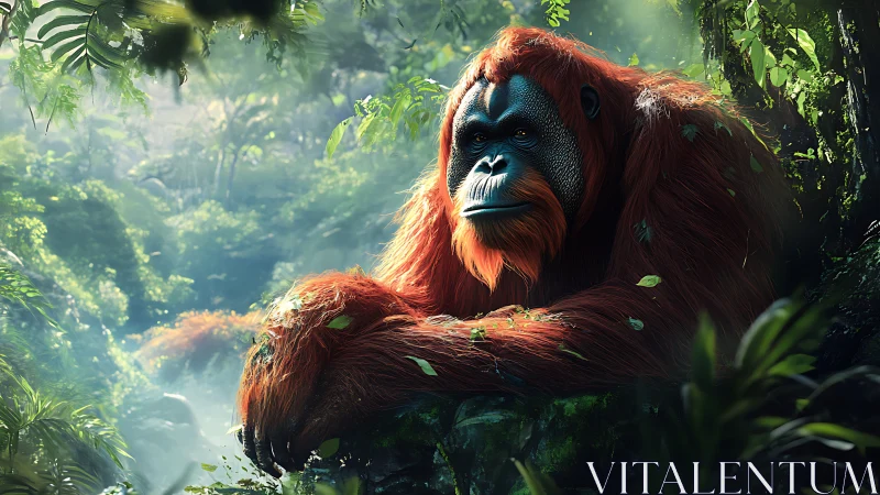 Hyperreal Bornean orangutan resting in lush rainforest canopy