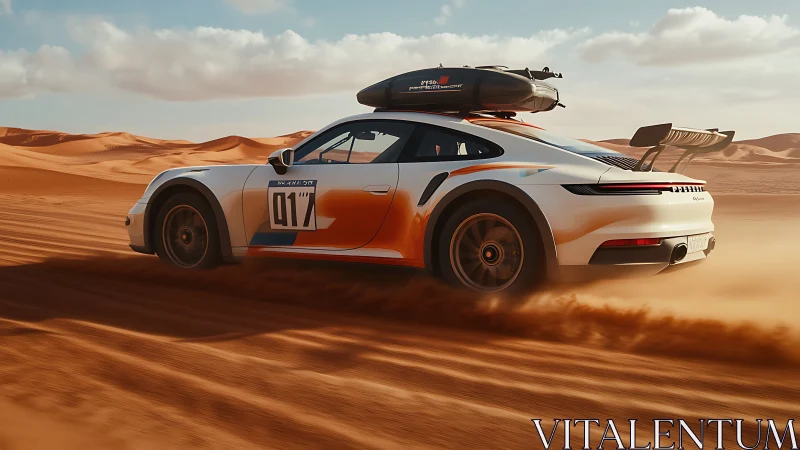 Rally-modified sports car driving across desert dunes.