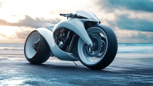 Streamlined concept motorcycle on wet coastal roadway.