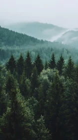 Misty Alpine Coniferous Forest Landscape with Atmospheric Stratification