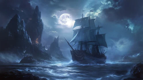 Haunted galleon sails through moonlit storm beside jagged cliffs