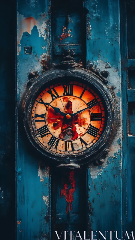 Decayed wall clock with bloodlike stains and blue paint.