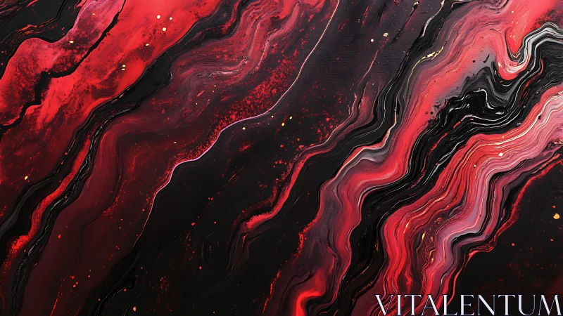 Crimson rivers of paint drifting through midnight black.