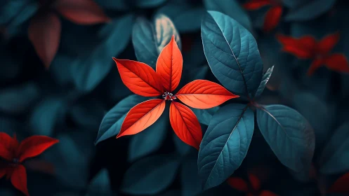 Scarlet leaves glow gently against cool teal garden foliage