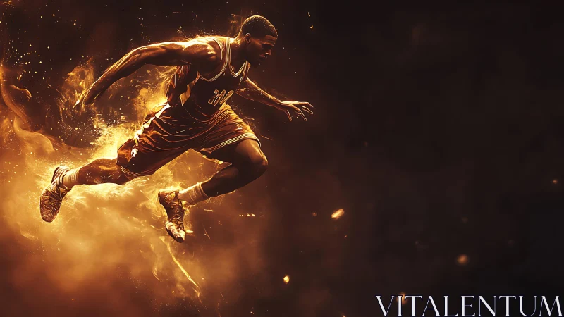 Basketball player in dynamic fiery motion against dark field.