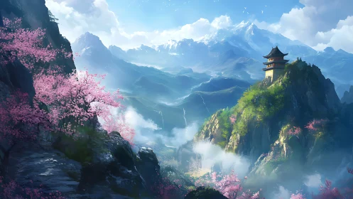 Sky-kissed pagoda above cherry-swept emerald valleys.