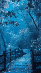 Wooden pathway beneath forest canopy in blue-tinted landscape