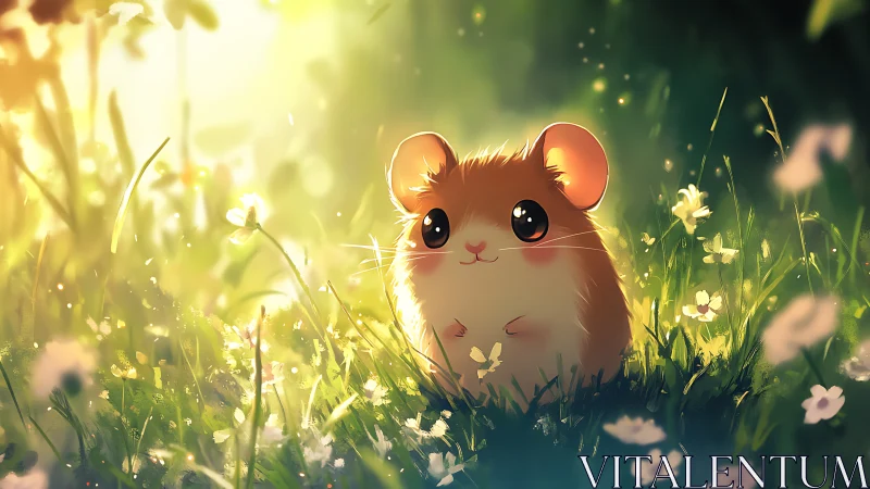 Gentle hamster admires sunlit wildflower meadow in peace.