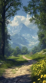 Mountain path through green valley and distant snowy peak.