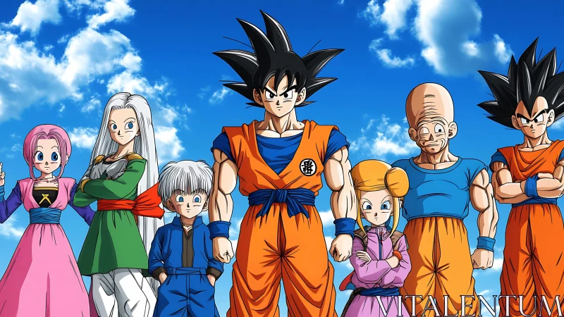 Seven stylized anime warriors aligned under a vivid blue sky