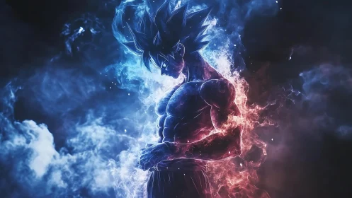 Cosmic warrior poised in twin storms of blue and ember fire.