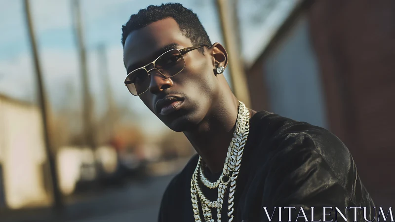 Urban portrait of stylish man in sunglasses and chains.