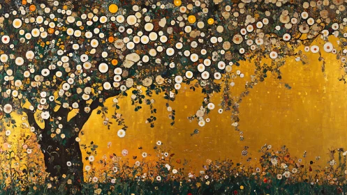 Flowering tree against gold ground in decorative panel.