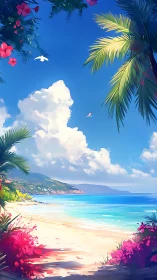 Tropical Paradise Seascape with Layered Floral Framing.