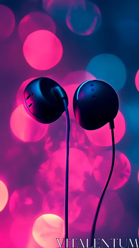 Neon-lit wired earbuds float amid glowing bokeh orbs.