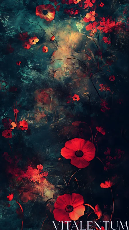 Red Poppies Emerge from Teal Darkness.