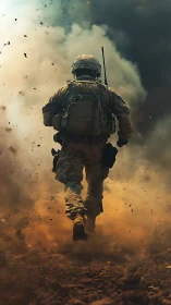 Backlit soldier advances through dusty explosion plume in combat