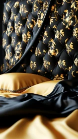 Black and gold tufted headboard with draped satin textiles.