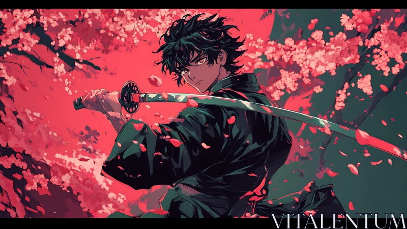 Swordsman holds katana before dense red blossom backdrop
