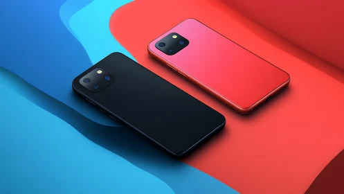Colorful twin smartphones resting on bold flowing waves.