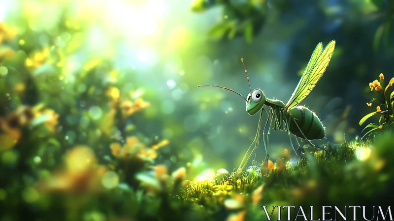 Curious green insect friend exploring a glowing forest path.