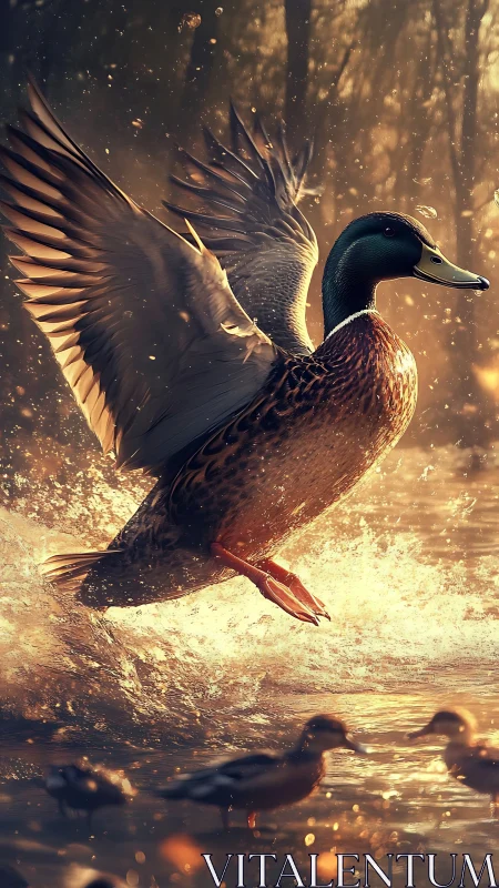 Mallard drake ascends from sunlit water with dynamic spray