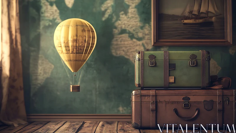 Vintage travel still life with floating balloon.