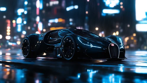 Futuristic black hypercar on wet neon city street at night.
