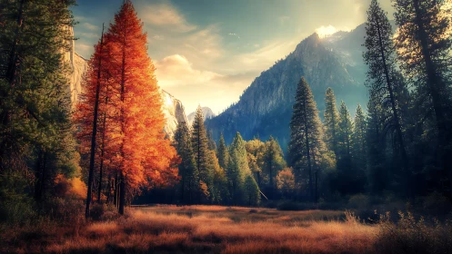 Autumn forest meadow sits below sunlit mountains and sky