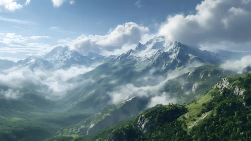 Snow-covered mountain range above green forest valley.