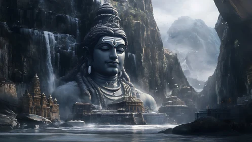 Colossal stone deity amid misted canyon temple complex.