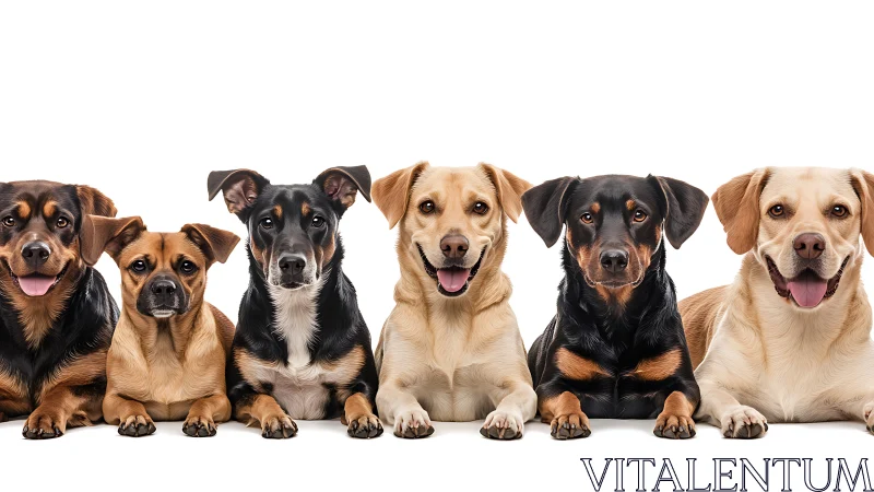 Symmetrical lineup of six mixed-breed dogs under even studio lighting