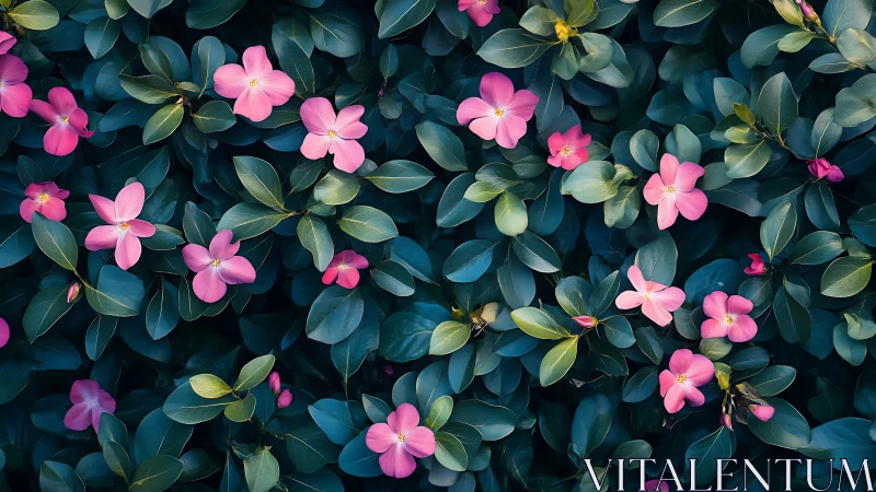 Pink flowers distributed across dark green foliage composition.