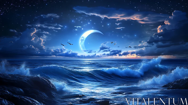 Crescent moon illuminates stylized nocturnal seascape scene