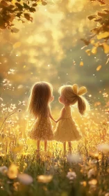 Two young girls hold hands in glowing golden meadow