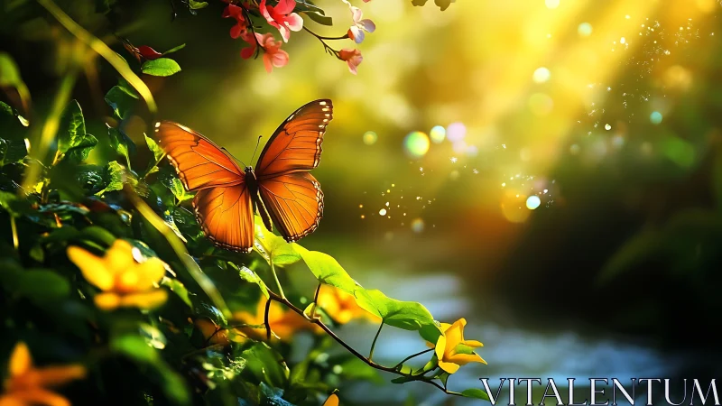 Orange butterfly rests on foliage in strong directional sunlight
