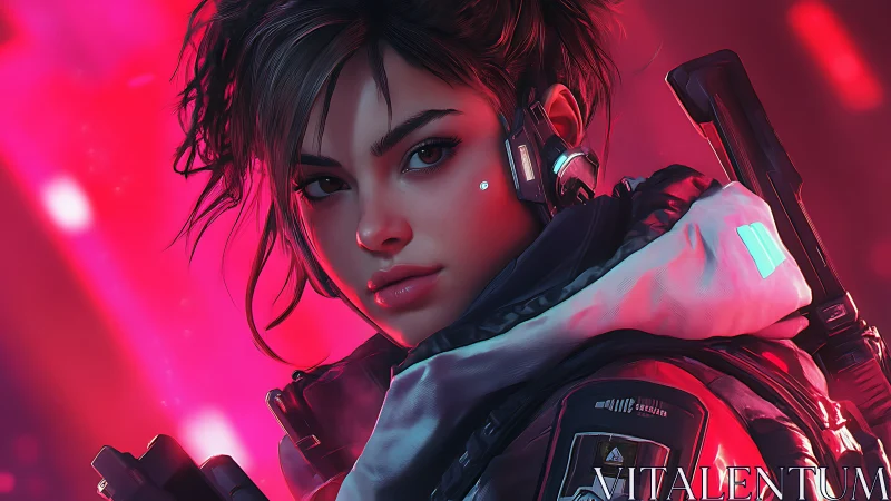 Cyberpunk heroine stands ready amid neon crimson haze