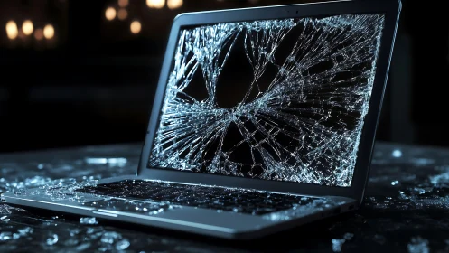 Shattered laptop screen blooms into jagged digital starburst.